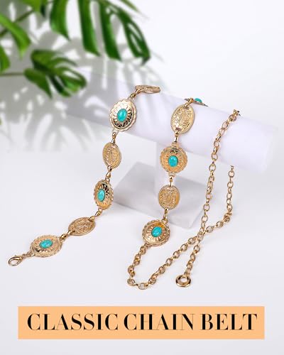 Turquoise Concho Chain Belts for Women - Western Cowgirl Boho Metal Chain Belts, Women Concho Links Waist Belt for Dresses4