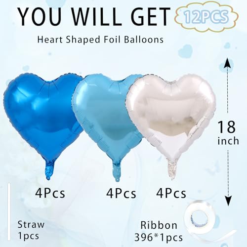 Image of Silver Heart Balloons,18inch Bright Blue Heart Shaped Foil Balloons & Blue Helium Mylar Balloon for Anniversary Wedding Engagement Birthday Party Baby Shower Decorations(12Pcs)