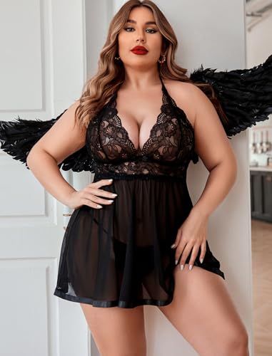 Image of Avidlove Women Plus Size Babydoll Lingerie Lace Chemise Mesh Sleepwear | Sexy Plus-sized Teddies V Neck Sheer Mesh Lace Babydoll Lingerie Dress Teddy Chemise Nighty Sleepwear L-5XL