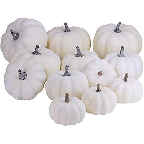 BESTTOYHOME 12 PCS Assorted Sizes Rustic Harvest White Artificial Pumpkins for Halloween, Fall Thanksgiving Decorating Harvest Embellishing and Displaying Cover