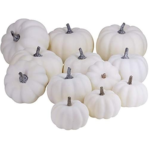 BESTTOYHOME 12 PCS Assorted Sizes Rustic Harvest White Artificial Pumpkins for Halloween, Fall Thanksgiving Decorating Harvest Embellishing and Displaying