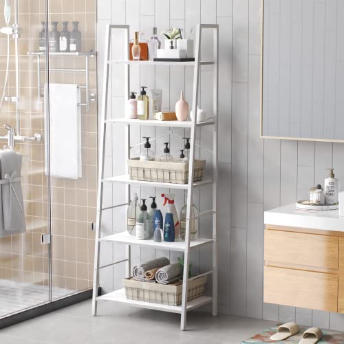 Yusong Ladder Shelf,Industrial 5-Tier Bookshelf,Free Standing Bookcase,Utility Organizer Shelves For Plant Flower,Wood Look Accent Furniture With Metal Frame For Home Office, (White) #TOP1