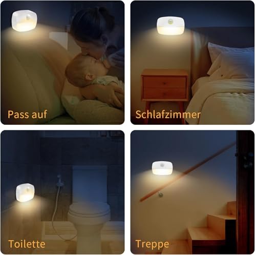 AmmToo LED Nachtlicht mit Bewegungsmelder, 4 Stück kinder Bewegungslicht mit Batterie, Indoor Treppenbeleuchtung,Auto EIN/AUS Sensor Licht Für Flur, Bad, Schlafzimmer,Orientierungslicht,Warmes Weiß
