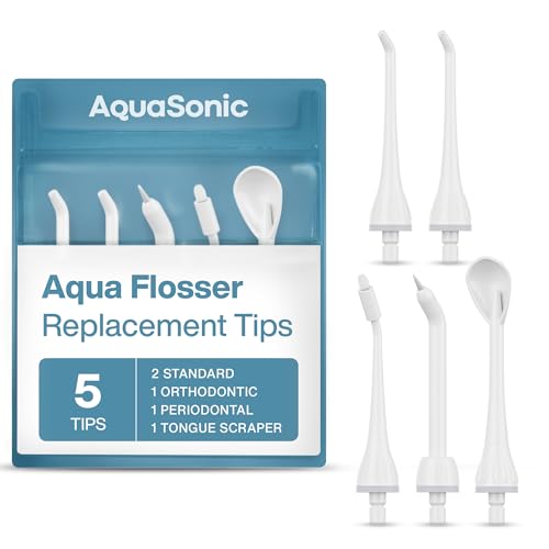 AquaSonic Aqua Flosser Replacement Tips – 5 Tips, 4 Tip Types: Standard, Periodontal, Orthodontic & Tongue Scraper - Genuine, Authentic Parts (White)