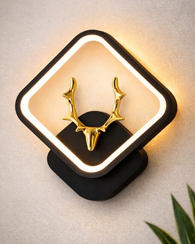 Image of Homesake LED Wall Lamp for Living Room Bedroom, Modern Golden Deer Decorative Wall Light, Warm White Indoor Designer Home Decor Light, Stag Face, Square Frame, (Black, Square)