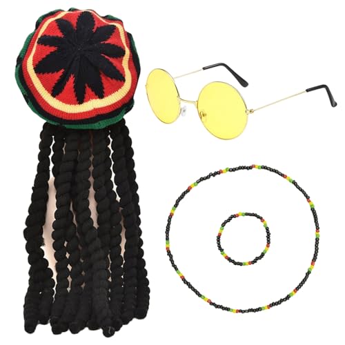 TUONYIS Set di 4 accessori per costume rasta, rasta caraibica, parrucca giamaicana intrecciata, occhiali giamaicani, braccialetto, collana, per Halloween, cosplay e feste in maschera (multicolore)