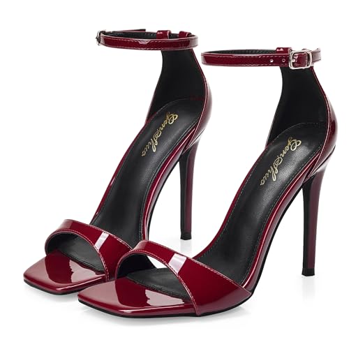 GENSHUO High Heeled Sandals for Women One Strap Heels with Square Open Toe 4 inch Stiletto Ankle Strap Shoes Elegant Sexy Dress Wedding Party Wine Red Patent Size 6