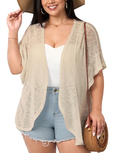 Image of SCOMCHIC Women Plus Size Lightweight Cardigan Summer Kimono Ruffle Short Sleeve Open Front Casual Tops Beach Cover Up
