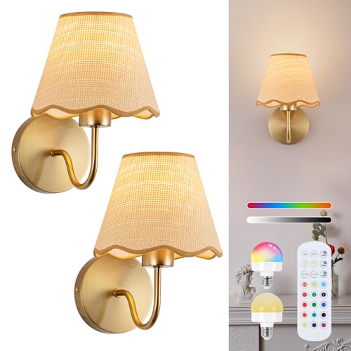 ADISUN Battery Operated Wall Sconce Set of 2 Gold Wall Lamps Rechargeable Bulbs for Living Room Rattan Shade Wireless Wall Lights for Bedroom Living Room Hallway Kitchen(2 Bulbs Included)