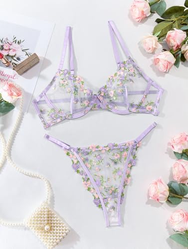 Image of Lilosy Sexy Floral Embroidered Mesh Sheer Underwire Lingerie Set