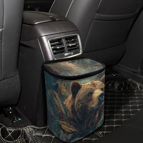 Image of Talayituse Forest Bear Print Car Trash Can Portable Auto Garbage Bin Multifunctional Vehicle Interior Accessories with Adjustable Straps Universal Fit Truck SUV Sedan