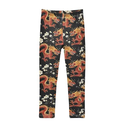 ALAZA Girls' Leggings Children's Yoga Pants Skinny Printed Dance Chinese Dragon Flower Comfortable 4T