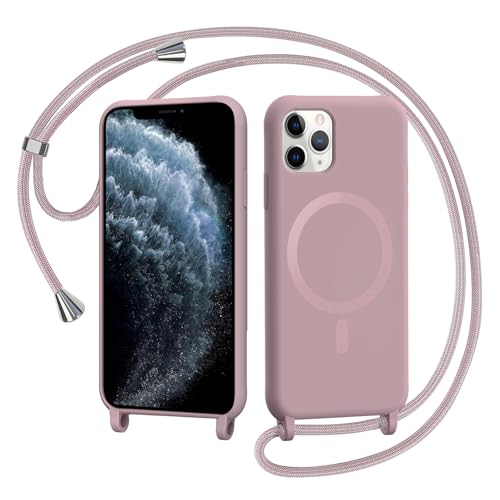 AOMYKE Handyband für iPhone 11 Pro Hülle mit Band Magnetisch Handyhülle kompatibel mit Magsafe zum Umhängen Schutzhülle mit Kette Kordel Weich TPU Liquid Silikon CasePink