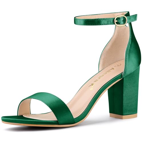 Allegra K Allegra K Women's Satin Open Toe Ankle Strap Chunky Dark Green Heels Sandals 7 M US