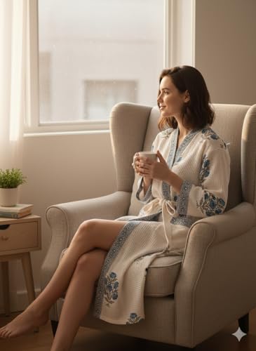 Image of Hand Block Print Waffle Cotton Bathrobe For Women's Ultra-Soft & Lightweight After Bath Spa Bathrobe White | Highly Absorbent Free Size Soft & Comfortable