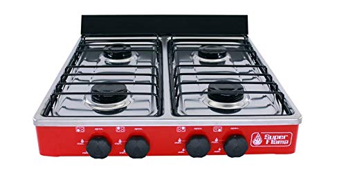 Hornos Y Parrillas, Music Super Flama 4Q-CA-R Parrilla de Gas de 4 Quemadores con Cubierta de Acero Inoxidable y Cuerpo de Lámina Pintada, color Rojo