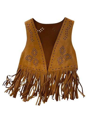 GORGLITTER Women's Fringe Vest Western 70s Hippie Sleeveless Hollow Out Suede Vest Tassel Cowgirl Concert Outfits