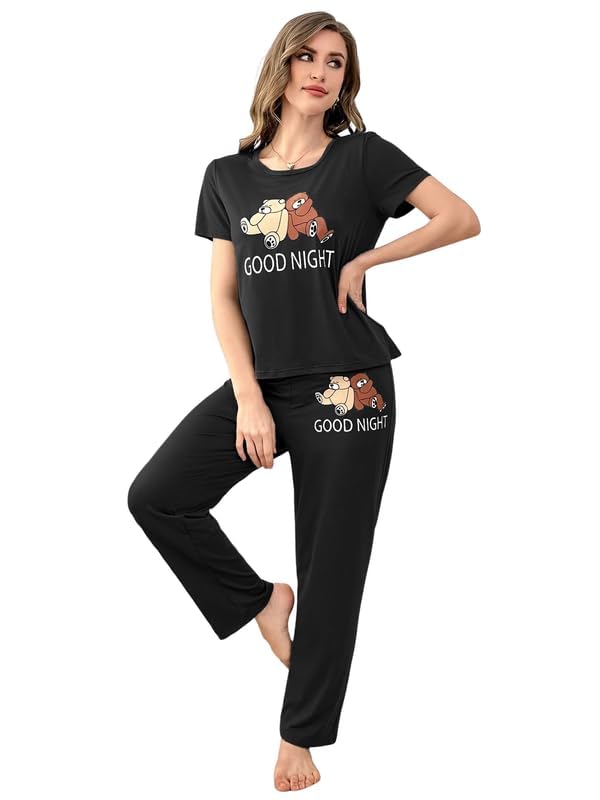 Image of Women's Korean Style Night Suit Set | Cotton Half Sleeve Top & Pyjama Set | Round Neck Printed Nightsuit | Comfortable Nightwear & Loungewear for Women | Sleepwear Pjs Lounge Set |Co-ords Outfit