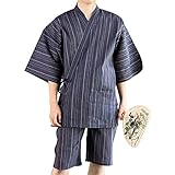 [KIMONOMACHI] [ 京都きもの町 オリジナル メンズ 甚平 紺白縞 綿麻甚平 Lサイズ 父の日 ギフト プレゼント 部屋着 ルームウェア 大きいサイズ