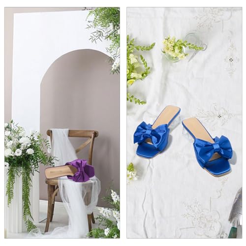 Heiyom Women's Square Toe Low Block Chunky Heels Mules Sandals Bowknot Slip on Clear Heels Wedding Bridal Party Dress Shoes3