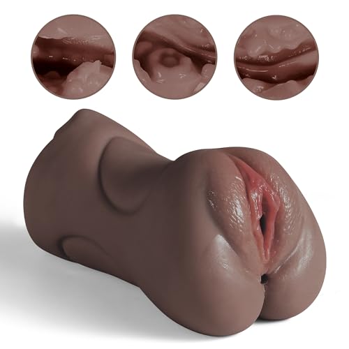 Image of 3 in 1 Pocket Pussy Male Masturbator, Adult Sex Toys with Real Mouth Tongue and Deep Throat, Sex Doll Male Blowjob Stroker with 3D Textured Vagina & Tight Anus & Drying Stick for Pleasure (Dark Brown)