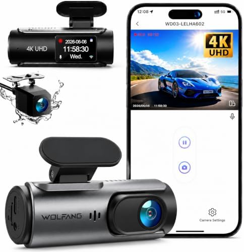 WOLFANG Cámara de Coche Delantera y Trasera 4K UHD, Dashcam de Doble Lente para Coches de 170º Gran Angular Monitor de Aparcamiento 24H con Grabació...