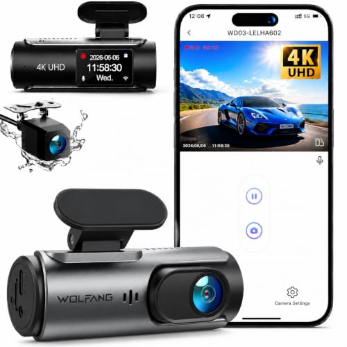 WOLFANG Dash Cam Auto 4K, Doppia WiFi Dashcam per Auto, Telecamera Auto 170° Grandangolo, Visione Notturna,G-Sensor, WDR, Monitor di Parcheggio, Registrazione in Loop