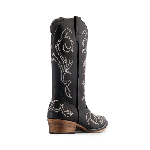 DREAM PAIRS Women's Cowboy Boots Mid Calf Cowgirl Boots Square Toe Chunky Heel Embroidery Stitched Western Boots,Size 11,Black,SDMB2403W
