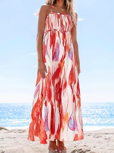 Image of CUPSHE Women's Floral Maxi Dress Spaghetti Strap Summer Boho Beach Dress Smocked Sundress Casual Vacation Flowy Long Dress