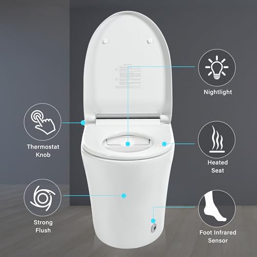 Inodoro inteligente de una pieza alargado con asiento calefactado, descarga automática y sensor de pie, doble descarga (1/1,28 GPF), control mediante perilla, luz nocturna, cerámica moderna compacta para baño, blanco plateado miniatura 5