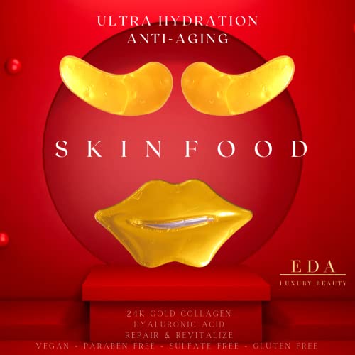 EDA Luxury Beauty 24K Gold Collagen + Hyaluronic Acid Under Eyes & Lip Mask Instant Deep Repair Anti Aging Lift Treatment Immediate Anti Wrinkle Corrector For Fine Lines Smile Lines Vegan Skin Care Hydrogel Deep Tissue Rejuvenation