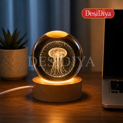 Image of Desidiya 3D Crystal Jelly Fish Lamp | Engraved Crystal Ball LED Night Light with Wooden Base, USB Powered | Romantic Home Decor & Valentine Day Gift for Her, Him & Couples (Warm White)
