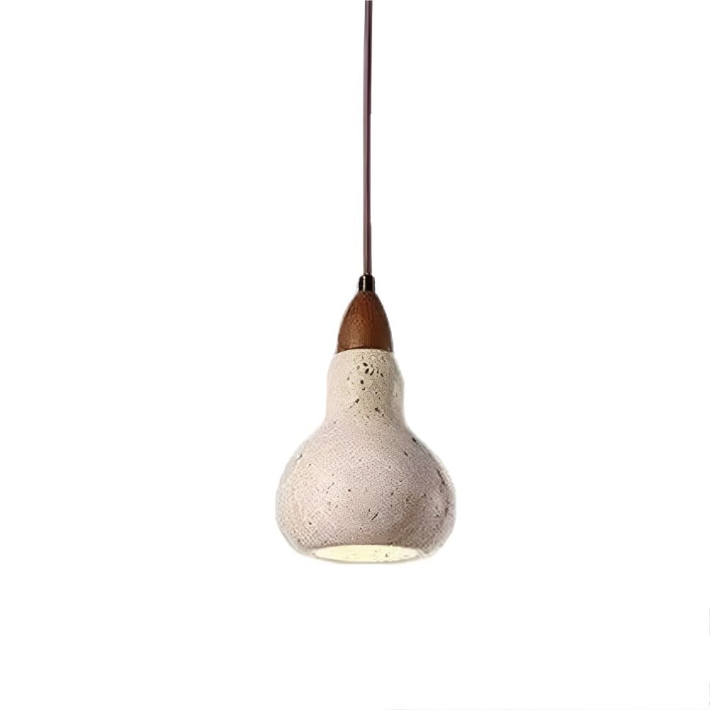 HUAYUSEDF Minimalist Cream Pendant Light Travertine Stone Hanging Lamp with Dark Walnut Wood Finish Small Teardrop Shape Fixture for Dining Table Bedroom Bedside Entryway Lighting