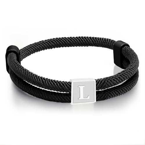 Paracord Armband Herren Surferarmband Bracelet Schwarz Segeltau Armband Herren Verstellbares Handgemacht Geflochtenes Armbänder mit Buchstaben A-Z Abschluss Geburtstag Geschenke für Männer (Silber L)