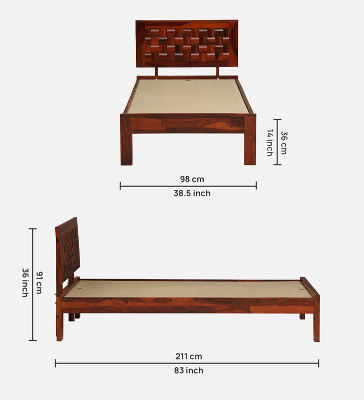 Image of Solid Sheesham Wood Woodora Single Bed Without Storage | Wooden Single Bed Cot Palang Furniture for Bedroom Living Room Home and Hotel (Honey Oak Finish)