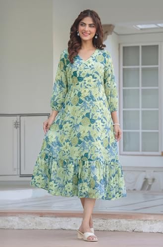 Image of Janasya Women's Light Green Georgette Floral Printed A-Line Dress