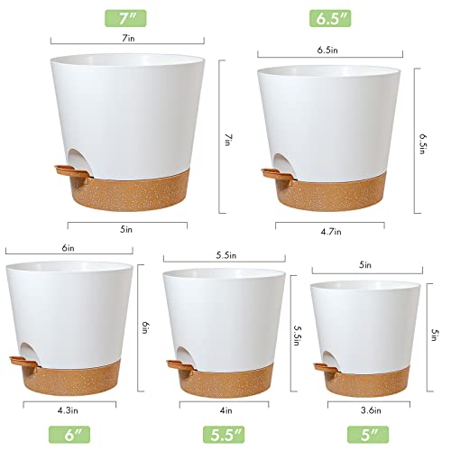 Wousiwer Plant Pots, 7/6.5/6/5.5/5 Self Watering Plastic Planters With Deep Reservior And High Drainage Holes For Indoor Outdoor Flowers Plants, White With Terracotta #TOP1