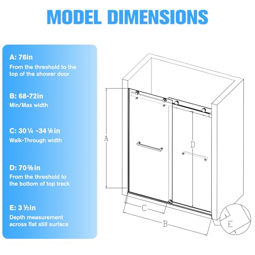 Image of 68-72 inch W x 76 inch H Frameless Double Sliding Shower Door w /Soft-Close, Bathroom Glass Doors with 3 /8 inch (10mm) SGCC Tempered Glass & Stainless Steel Handle, Reversible Installation, Matte Black