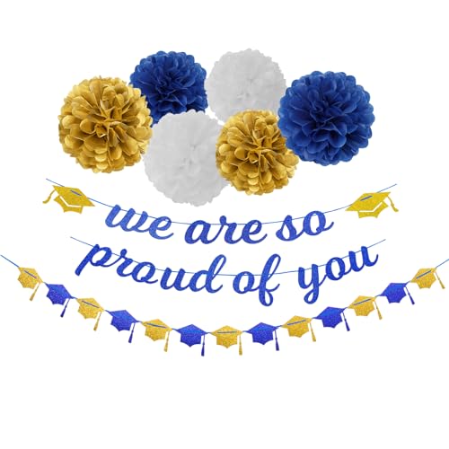 Image of Navy-Blue White-Gold Party-Decoration Graduation Banner - 8pcs Kits Cap Garland Streamers, Paper Tissue Pom Poms Flowers,We are So Proud of You Grad Graduation 2026 Decor Lasting Surprise
