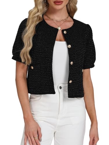 Women's Tweed Blazers Jackets Cropped Puff Short Sleeve Collarless Work Suits Coat with Pockets
