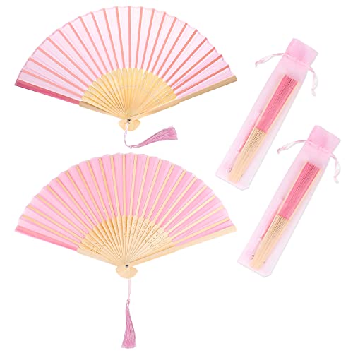 2 Pièces Éventails Pliants avec Frange en Soie, Eventails à Main Portables, 21x38cm Ventilateurs Pliables, pour Eventail Mariage, Danse etc. (Pink2)