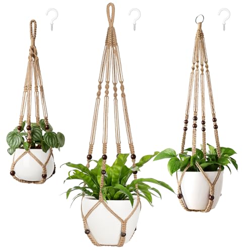 Image of Mkono 3 Pack Macrame Plant Hangers Hanging Planters for Indoor Plants Brown