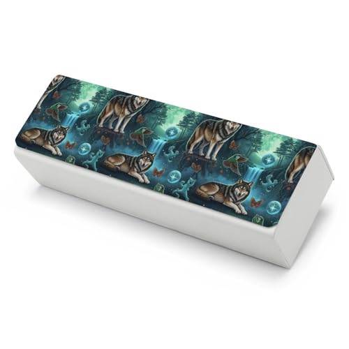 Accxectggv Unisex Hard Shell Eyeglasses Cases Moon Wolf Green Protective Case For Glasses Portable Leather Glasses Case