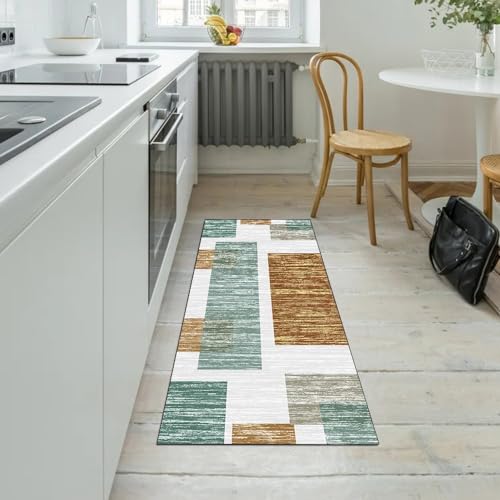 Alfombra antideslizante verde y naranja de gran longitud lavable 5