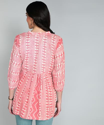 Image of Stylistico Geometric Print Summer Cotton Tunic Western Everyday Regular Fit Full Sleeve v Neck Office Peplum Printed Long Tops for Women Latest