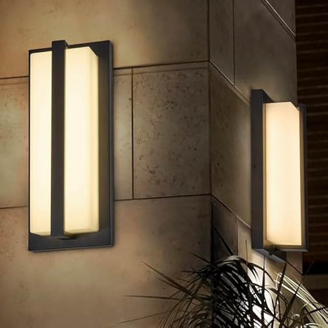 Maxxima LED Porch Lantern Outdoor Wall Light, Black with Vertical Bar & Frosted Lens, 1000 Lumens, 5 CCT 2700K/3000K/3500K/4000K/5000K, Modern Exterior Patio Sconce Lantern, Dimmable at 120V