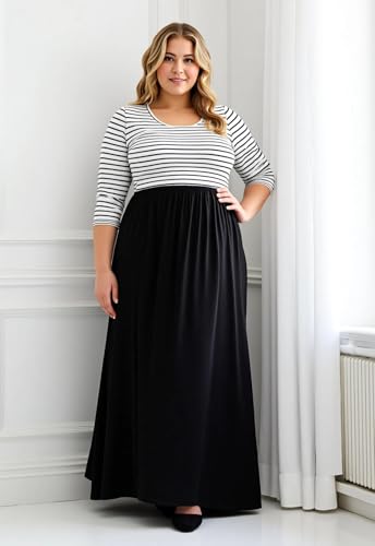 Image of Nemidor Women Plus Size Casual Maxi Dress Long Fall Pockets | Size 14-26 plus, elastic waist, long sleeve, round neck, loose, boho, curvy, winter, wedding, daily, vacation, work, holiday