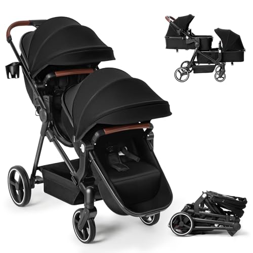 Leooy Double Stroller Newborn and Toddler, Foldable Tandem Twin Baby Travel Stroller, Reversible Seat, Adjustable Backrest/Canopy, Storage Basket, for...