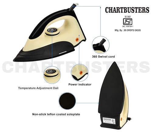 Image of CHARTBUSTERS Dry Iron | IS 302 ISI Certified | Adjustable Temperature Control | Non-Stick Coated Soleplate | Shock Proof Body | 1000W Fast Heating | by 99 Drops Oasis (YELLOW)