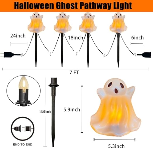 Halloween Ghosts Pathway Marker Lights, 7Ft C7 LED Outdoor Halloween Decorations String Lights Waterproof with 4 White Ghost Walkway Lights Plug in for Outdoor Halloween Party Garden Patio Garden Lawn